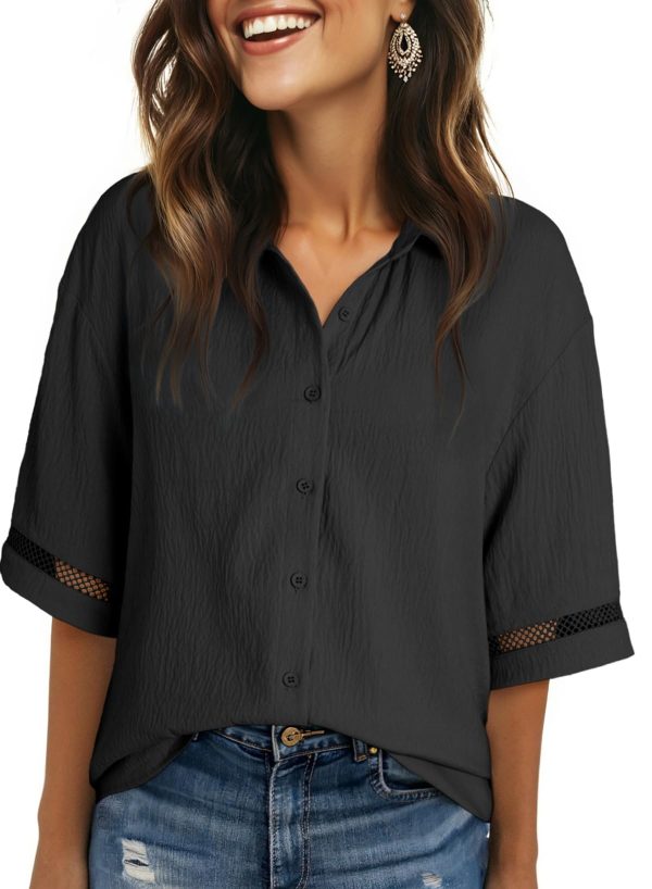 Womens Summer Tops Dressy Casual V Neck Short Sleeve Shirts Solid Button Down Blouses Tops