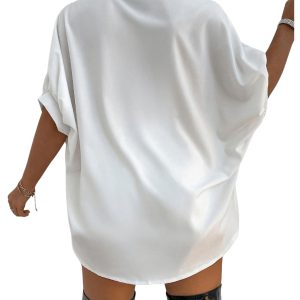 Women's Button Down Batwing Sleeve Shirts Casual Loose Tops Solid Blouses