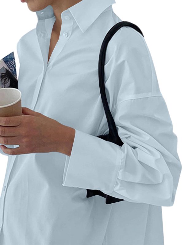 Women's Casual Shirt Dress Collar V Neck Button Down Loose Long Sleeve Mini Dresses Baby Blue Medium