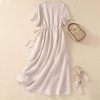 Women Cotton Linen Korean Style Fashion A-Line Dresses Summer Half Sleeve Lace-Up Waist-Defined Floral Casual Dress