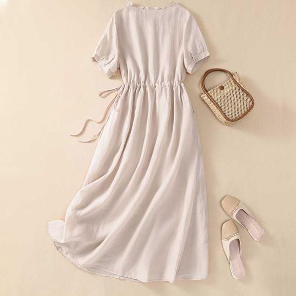 Women Cotton Linen Korean Style Fashion A-Line Dresses Summer Half Sleeve Lace-Up Waist-Defined Floral Casual Dress