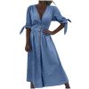Tie Knot Half Sleeve Denim Dress Womens Deep V Neck A-Line Beach Dress 2024 Summer Button Down High Waist Jean Dress