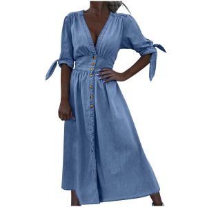 Tie Knot Half Sleeve Denim Dress Womens Deep V Neck A-Line Beach Dress 2024 Summer Button Down High Waist Jean Dress
