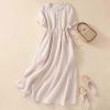 Women Cotton Linen Korean Style Fashion A-Line Dresses Summer Half Sleeve Lace-Up Waist-Defined Floral Casual Dress