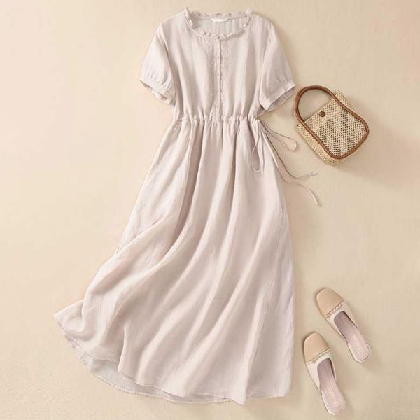Women Cotton Linen Korean Style Fashion A-Line Dresses Summer Half Sleeve Lace-Up Waist-Defined Floral Casual Dress