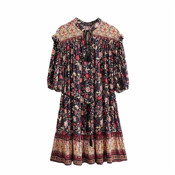 Women Drawstring Floral Print Beach Bohemian Loose Mini Dress V-Neck Half Sleeve Tassel