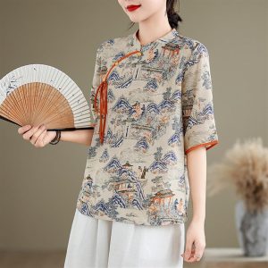 Womens Exquisite Printed Chiffon Chinese Tops Retro Ethnic Style Half Sleeve Loose Shirts Traditional Hanfu Blouse
