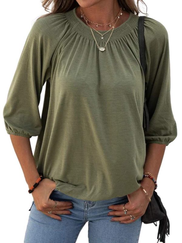 Women's Solid Crew Neck T Shirt Blouse Cotton Half Sleeve 3/4 Sleeve Casual Loose Pleated Basic Tops