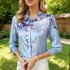 Women's Printed Flowers Commercial Long Sleeved Casual Loose Lapel Button Down Shirt Blouse Tops.
