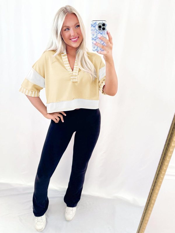 Womens Cropped Color Block Polo T Shirts Summer Casual Striped Half Sleeve Tops Collared V Neck Tee