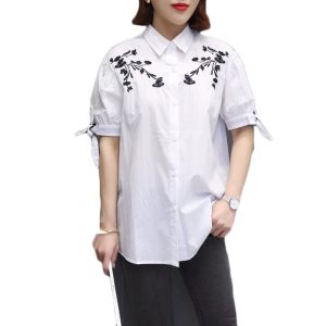 Girl's Fashion Embroidery Half Sleeve Shirt White