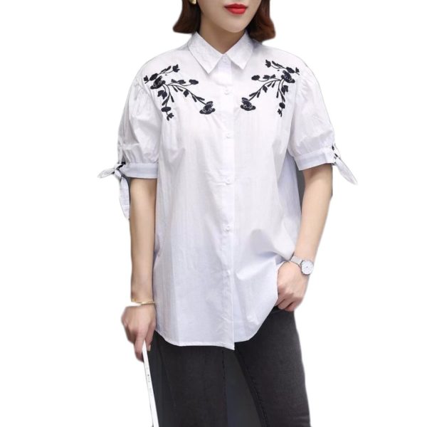 Girl's Fashion Embroidery Half Sleeve Shirt White