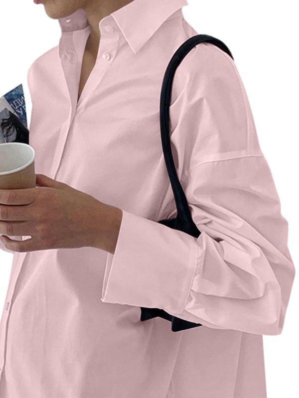 Women's Casual Shirt Dress Collar V Neck Button Down Loose Long Sleeve Mini Dresses Light Pink Large
