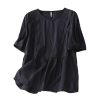 Women Pleated Babydoll Shirts Cotton Linen Half Sleeve Crewneck Flowy Tops Keyhole Back Summer Casual Loose Blouses