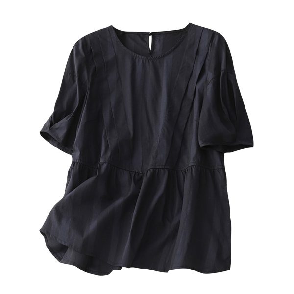 Women Pleated Babydoll Shirts Cotton Linen Half Sleeve Crewneck Flowy Tops Keyhole Back Summer Casual Loose Blouses