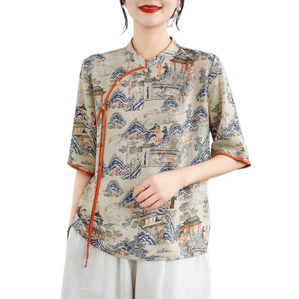 Womens Exquisite Printed Chiffon Chinese Tops Retro Ethnic Style Half Sleeve Loose Shirts Traditional Hanfu Blouse