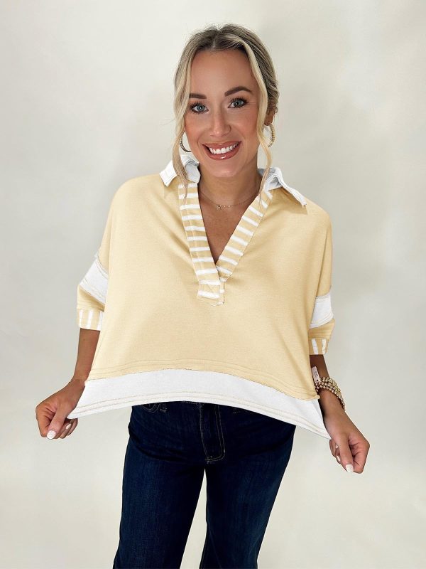 Womens Cropped Color Block Polo T Shirts Summer Casual Striped Half Sleeve Tops Collared V Neck Tee