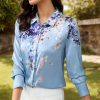 Women's Printed Flowers Commercial Long Sleeved Casual Loose Lapel Button Down Shirt Blouse Tops.