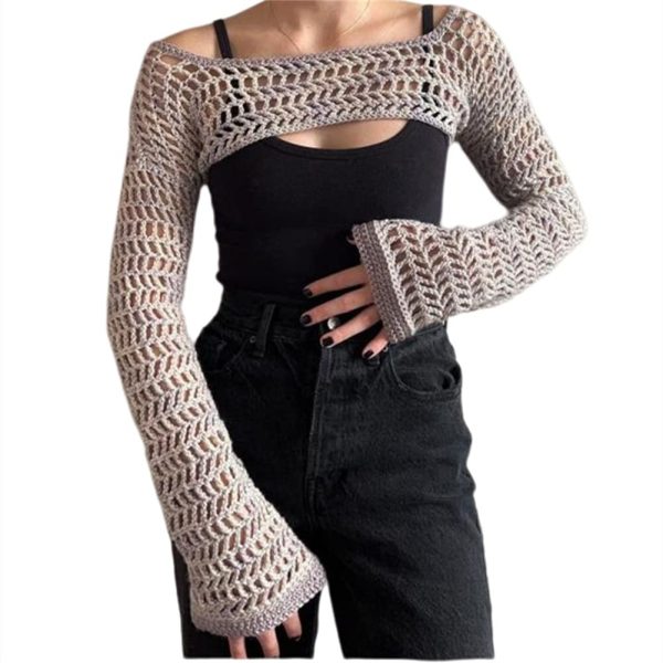 Women Mesh Crochet Crop Top Long Sleeve Hollow Out Cropped Knit Sweater Bikini Beach See Through Cover Ups