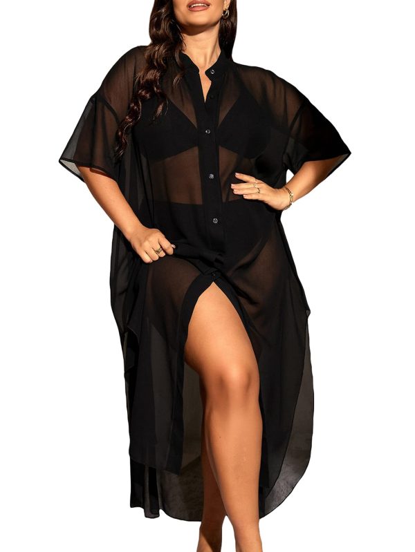 Women's Plus Size Sheer Mesh Half Sleeve Loose Swimsuit Maxi Dress Cover Up