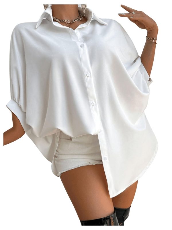 Women's Button Down Batwing Sleeve Shirts Casual Loose Tops Solid Blouses