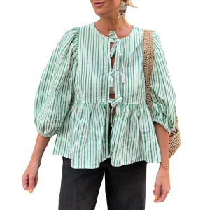 Women Y2K Peplum Puff Sleeve Shirts Teen Girls Lace Up Babydoll Ruffle Hem Blouse Tie Front Cute Summer Tops