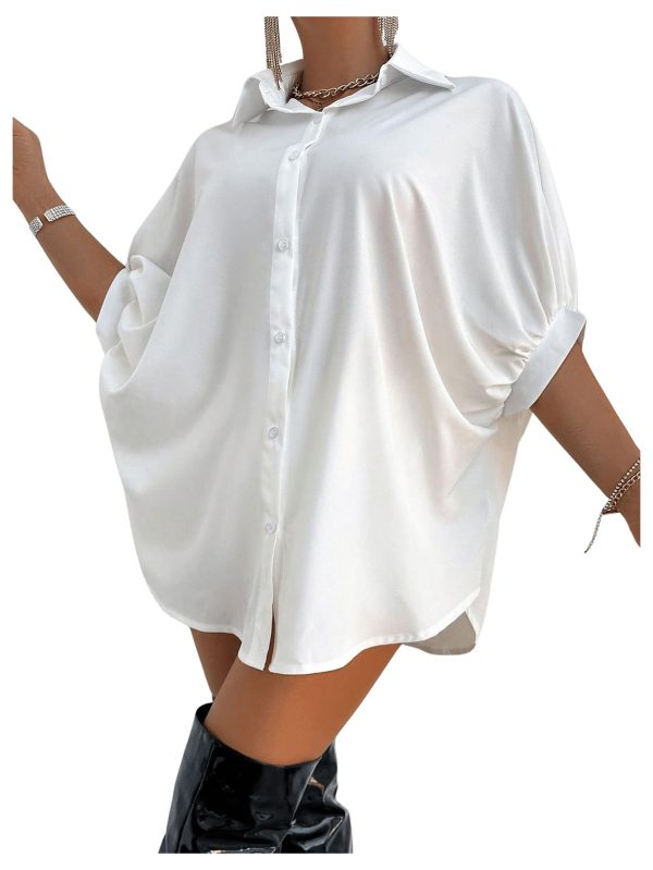 Women's Button Down Batwing Sleeve Shirts Casual Loose Tops Solid Blouses