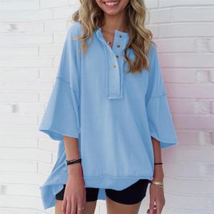Women's Drop Shoulder 3/4 Sleeve T-Shirts Lightweight Casual Summer Sweatshirt Button Up Henley Neck Pullover Tops