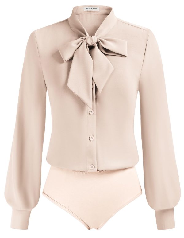 Women Bow Tie Neck Office Blouse Button Down Long Sleeve Bodysuits Blouse Top