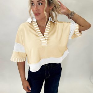 Womens Cropped Color Block Polo T Shirts Summer Casual Striped Half Sleeve Tops Collared V Neck Tee