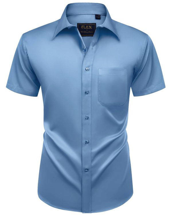 Mens Short Sleeve Dress Shirts Wrinkle Free Solid Casual Button Down Shirts with Pocket
