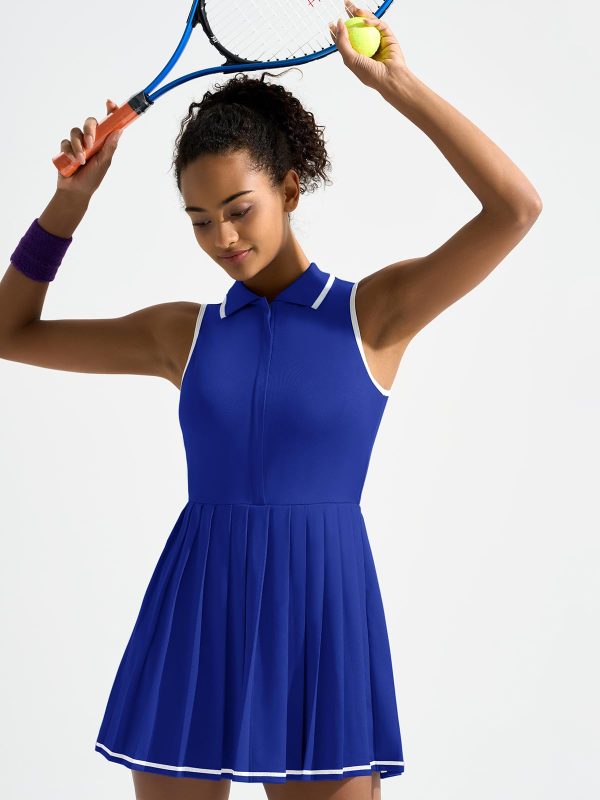 Tennis Dress with Shorts and Bra Sleeveless Contrast Polo Half Zip Pleated Athletic Workout Golf Dresses