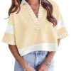 Womens Cropped Color Block Polo T Shirts Summer Casual Striped Half Sleeve Tops Collared V Neck Tee