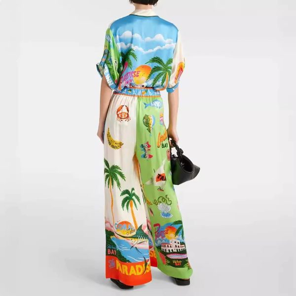 Floral two piece sets for women, Casual Floral Fruit Print Short Sleeve Shirt Wide Leg Pants Hawaii Beach Outfits