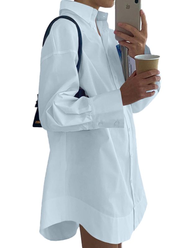 Women's Casual Shirt Dress Collar V Neck Button Down Loose Long Sleeve Mini Dresses Baby Blue Medium