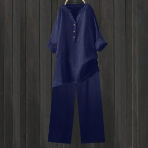 Women Cotton Linen Tunic Tops Set Plus Size 2 Piece Outfit Button V Neck Rolled 3/4 Sleeve Blouses and Wide Leg Pant