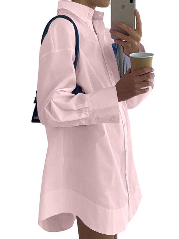 Women's Casual Shirt Dress Collar V Neck Button Down Loose Long Sleeve Mini Dresses Light Pink Large