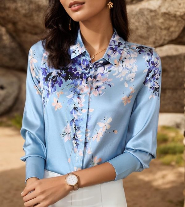 Women's Printed Flowers Commercial Long Sleeved Casual Loose Lapel Button Down Shirt Blouse Tops.