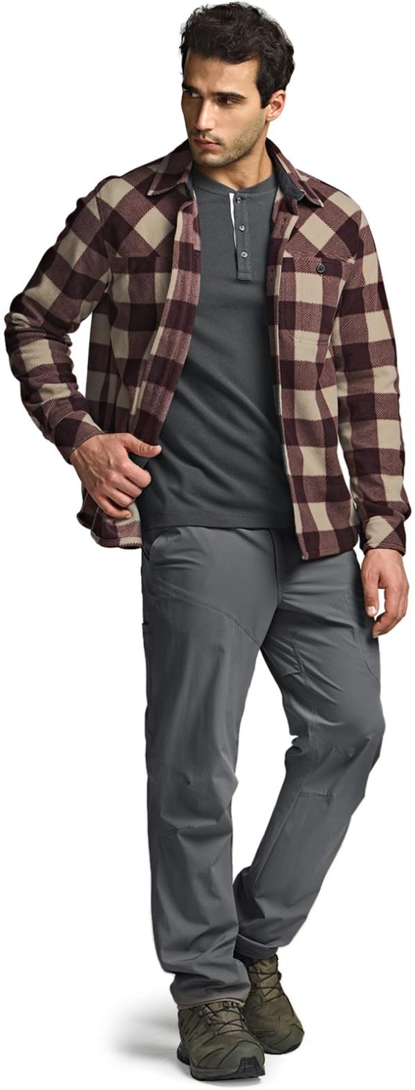 Men's Long Sleeve Heavyweight Fleece Shirts, Plaid Button Up Shirt, Warm Outdoor Casual Shirt with Pockets
