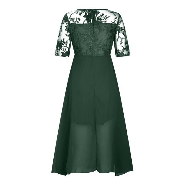 Women's Chiffon Lace Mesh Patchwork Empire Waist Dresses Summer Half Sleeve Pleated Fashion Flwoy A-Line Midi Dress