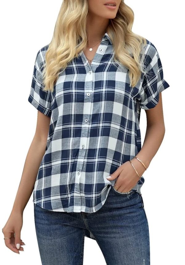 Women's Plaid Short Sleeve Button Down Shirt Casual Summer Blouses Tops