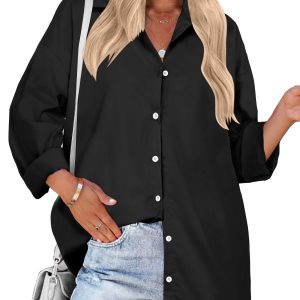Women Oversized Button Down Shirts Boyfriend Long Sleeve Blouse Collared Tops