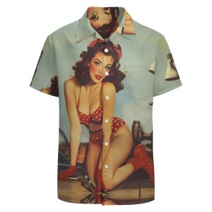 Vintage Sexy Pin-up Fix-it-Women Hawaiian Button Down Shirt Men Casual Short Sleeve Summer Tee Tops