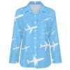 Airplane Print Women's Button Down Shirts Long Sleeve Casual Blouses Tops