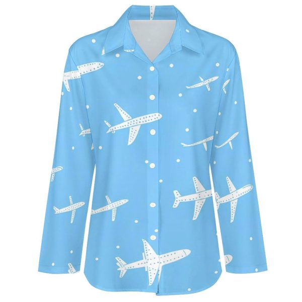 Airplane Print Women's Button Down Shirts Long Sleeve Casual Blouses Tops