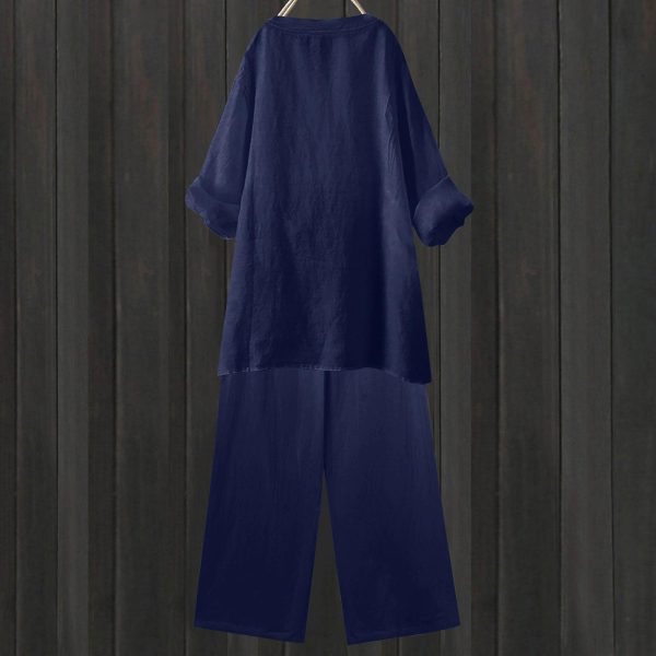 Women Cotton Linen Tunic Tops Set Plus Size 2 Piece Outfit Button V Neck Rolled 3/4 Sleeve Blouses and Wide Leg Pant