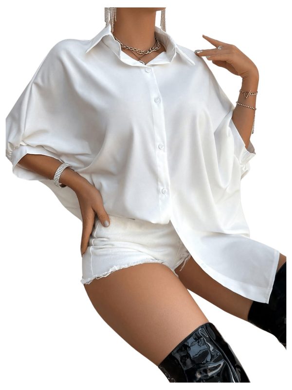 Women's Button Down Batwing Sleeve Shirts Casual Loose Tops Solid Blouses