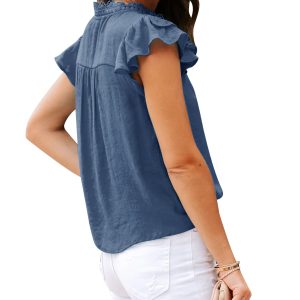 Women's V Neck Lace Crochet Shirts Button Down Short Sleeve Casual Blouse Tops
