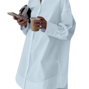 Women's Casual Shirt Dress Collar V Neck Button Down Loose Long Sleeve Mini Dresses Baby Blue Medium