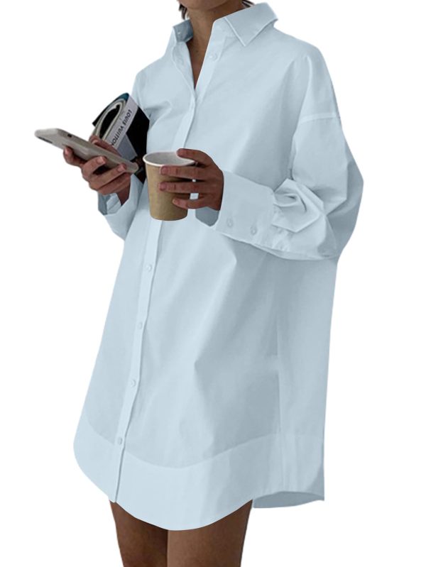 Women's Casual Shirt Dress Collar V Neck Button Down Loose Long Sleeve Mini Dresses Baby Blue Medium